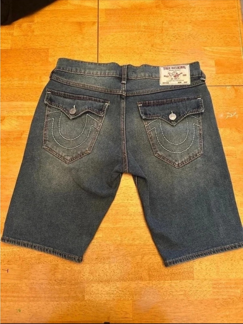 True Religion Men's Medium Blue Denim Jean Shorts with Signature Back Pockets
